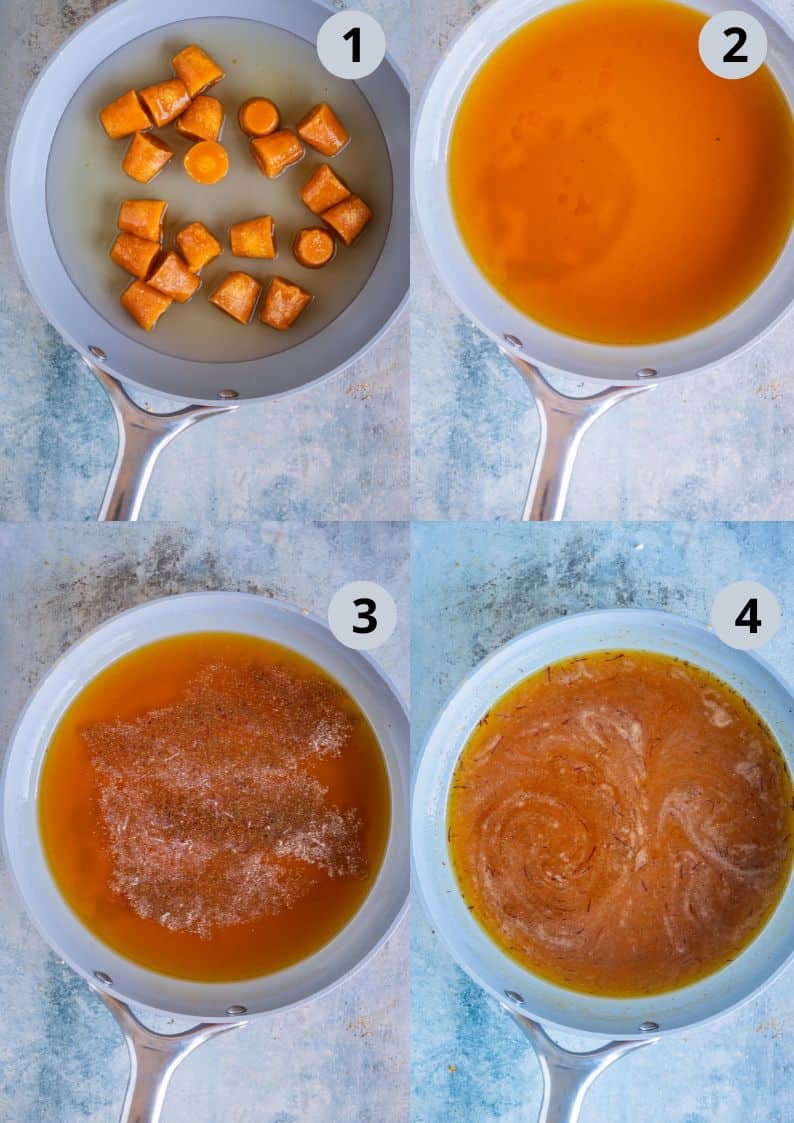 4 image collage showing the steps to make jaggery syrup needed for sweet pongal recipe.