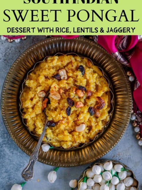 Sakkara pongal served in a bowl with text at the top and bottom.