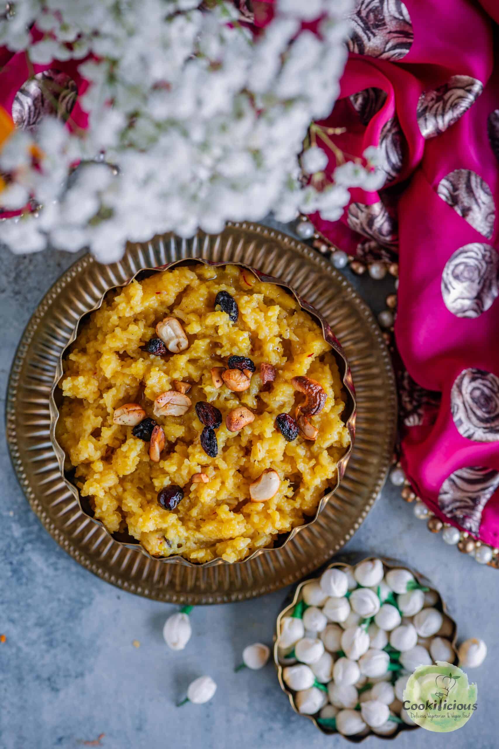 Sweet ghee pongal in a bowl made at home for the Pongal festival.