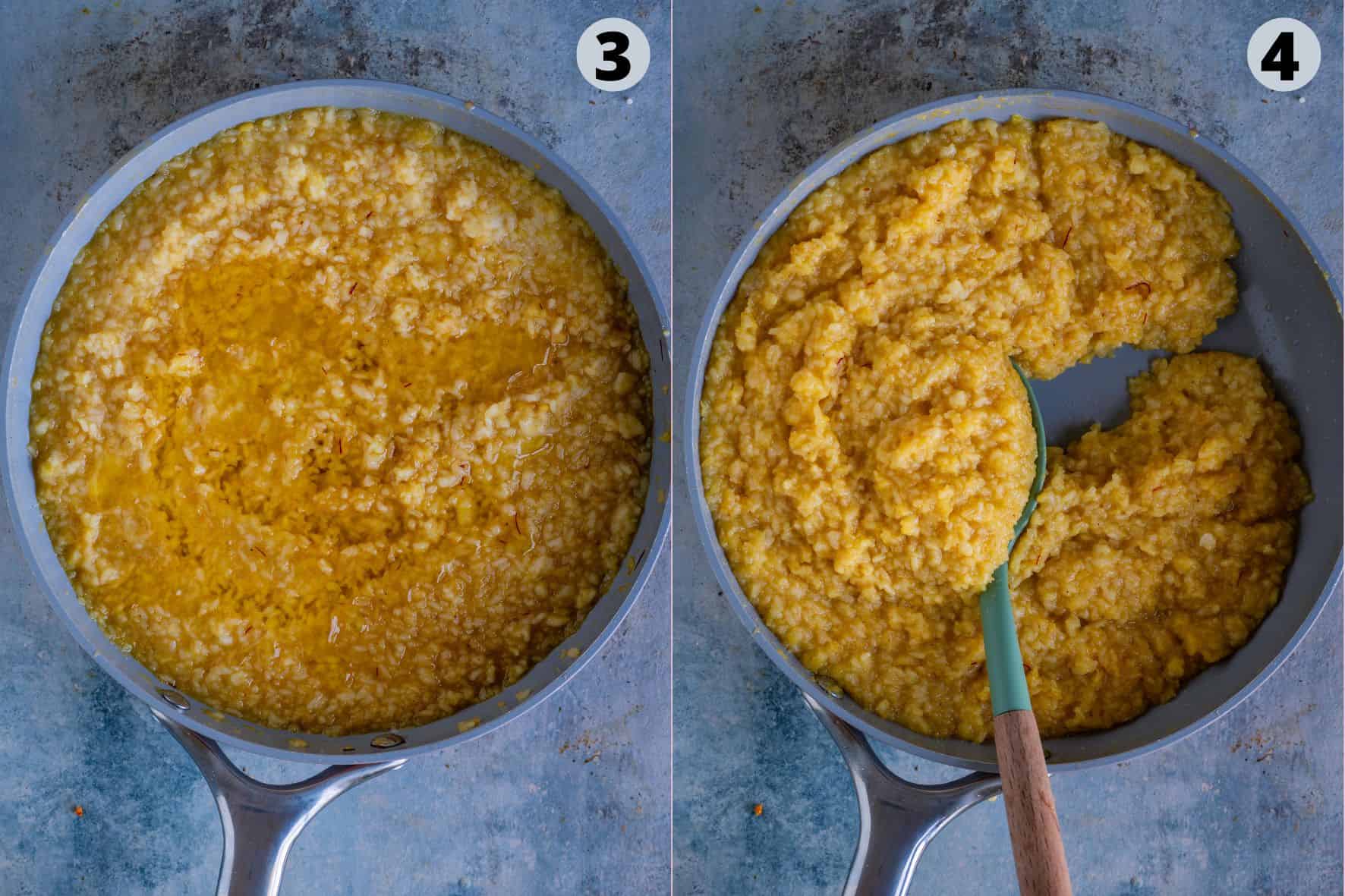 2 image collage showing the steps of making Sweet Pongal recipe.