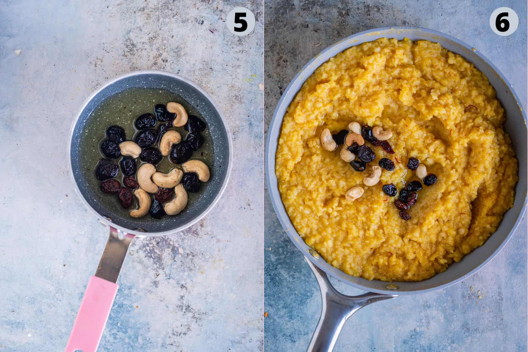 2 image collage showing the steps to make sweet pongal.