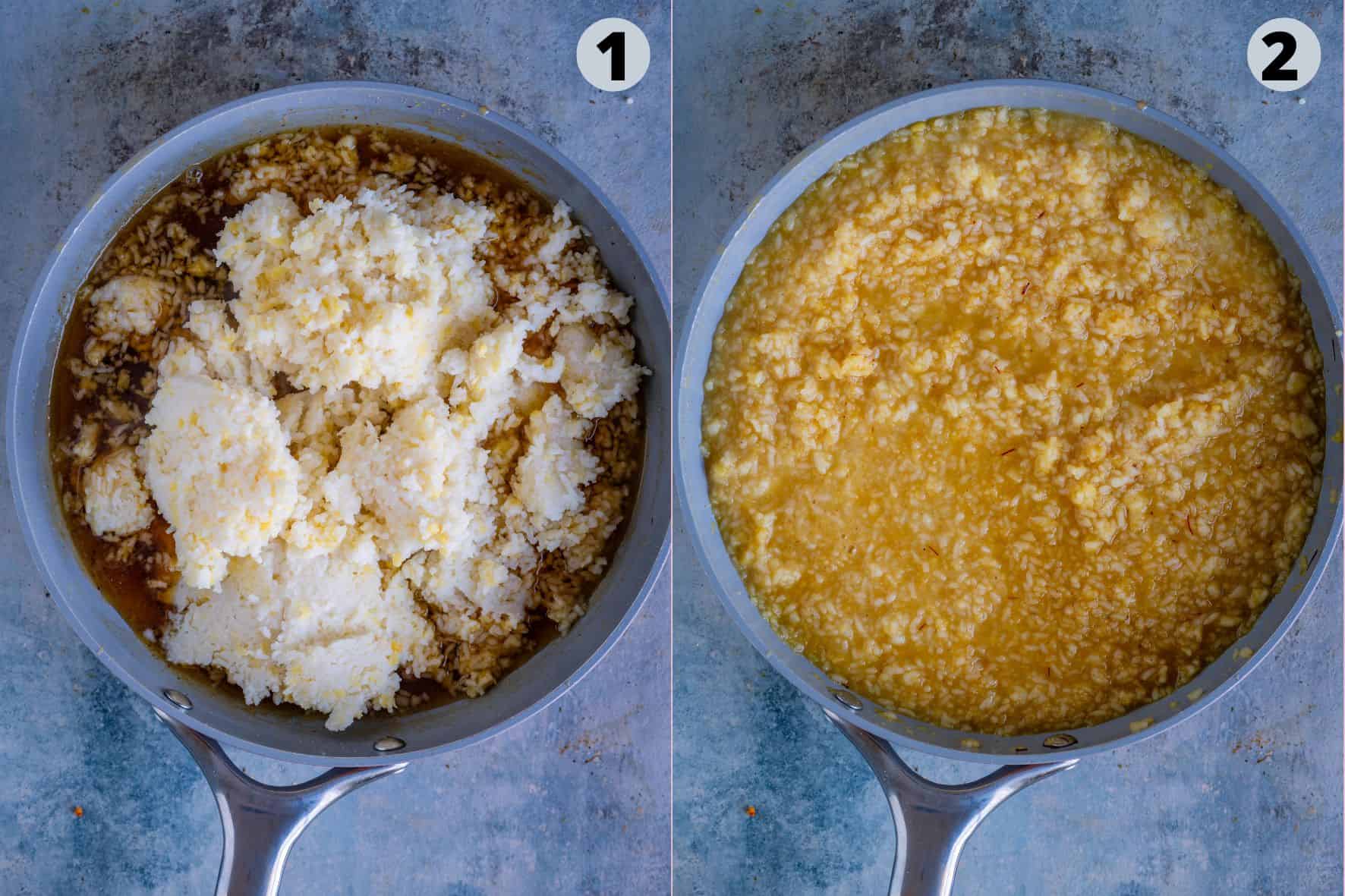 2 image collage showing how to make sweet pongal recipe at home.