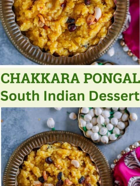 2 image collage of Chakkara pongal with text in the middle.