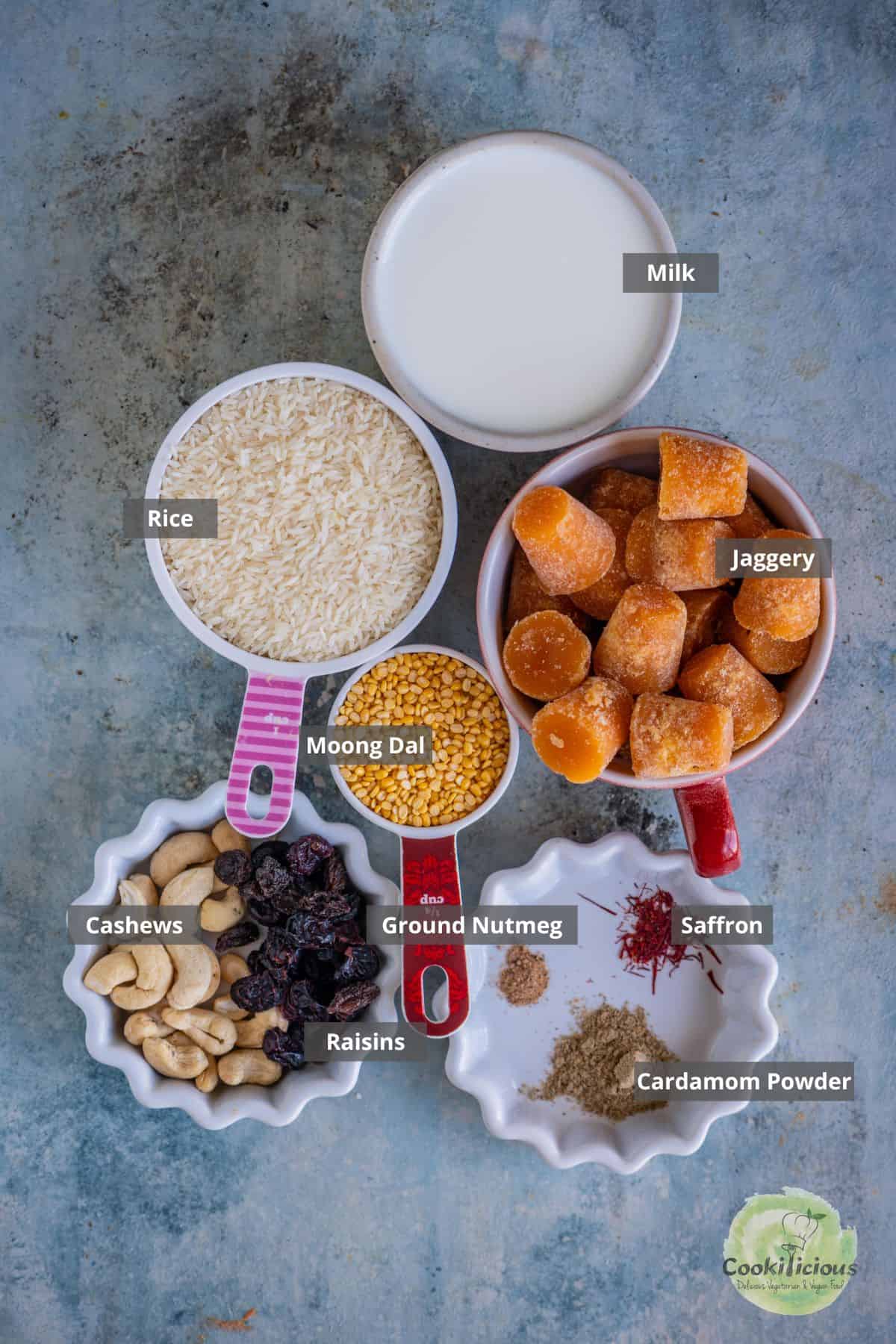 all ingredients needed to make sweet pongal recipe placed on a table with labels on them.