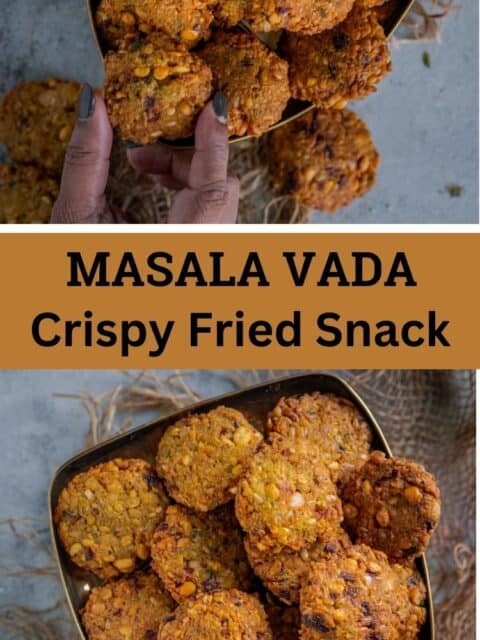 2 image collage of masala dal vada with text in the middle.