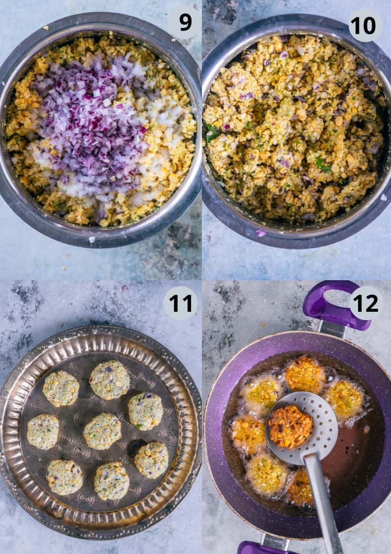 4 image collage showing the process of making Dal Vadai with onions.