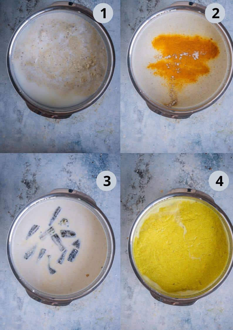 4 image collage showing how to make More Kuzhambu.