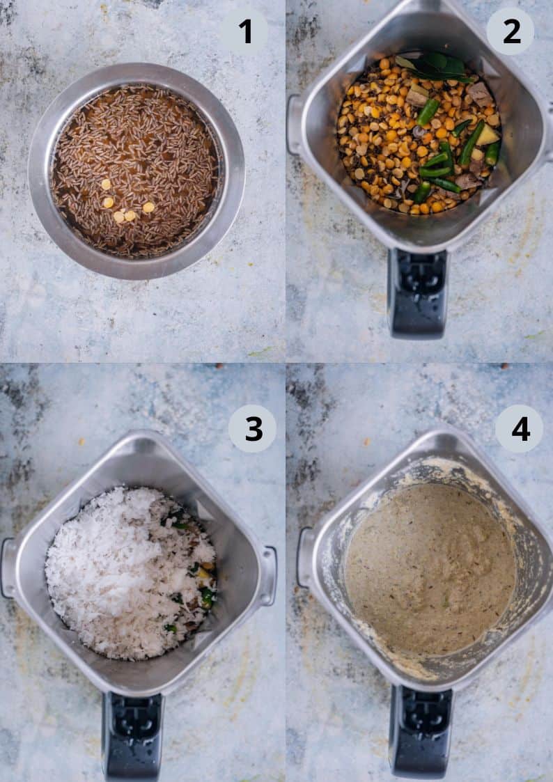 4 image collage showing how to make ground coconut paste for making Mor Kulambu.