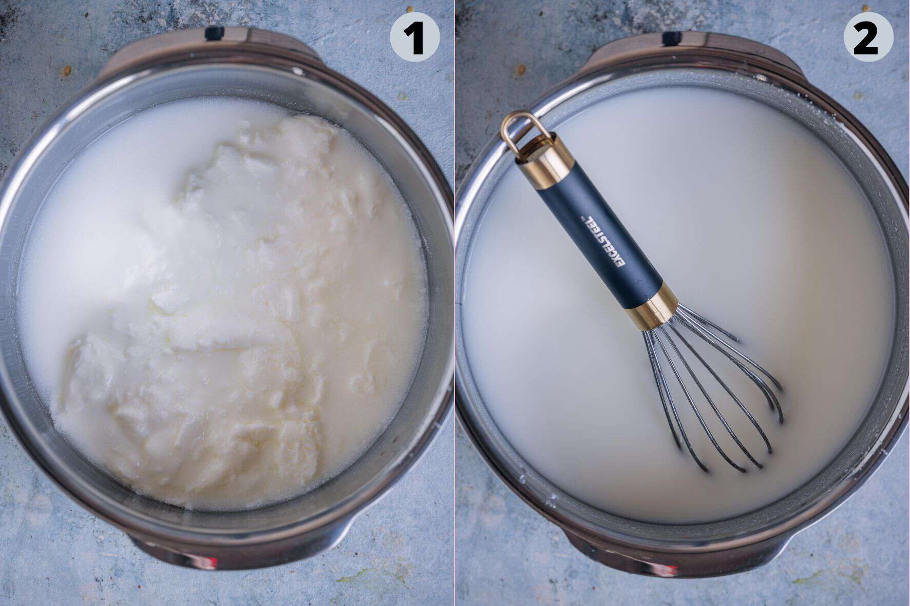 2 image collage showing the steps to make buttermilk for Vendakkai Mor Kuzhambu.