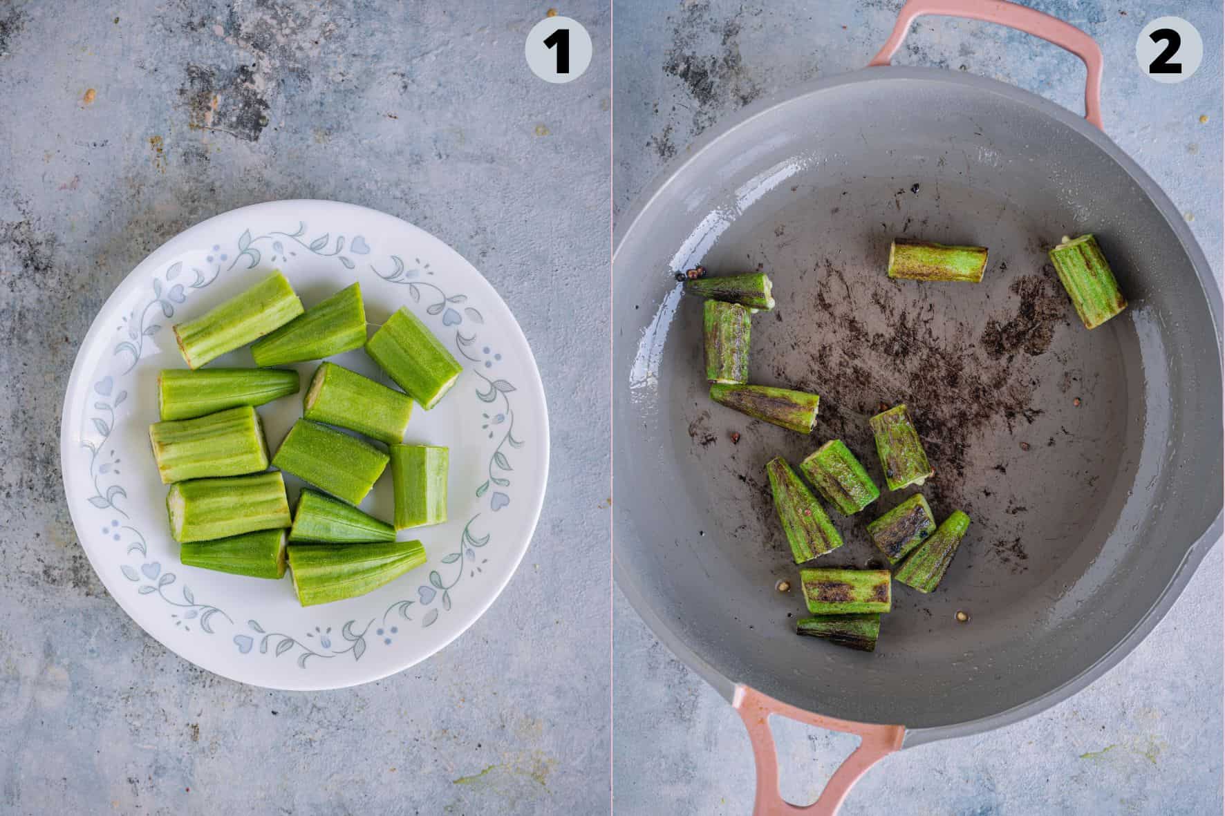 2 image collage showing how to saute okra to make Vendakkai Mor Kuzhambu.