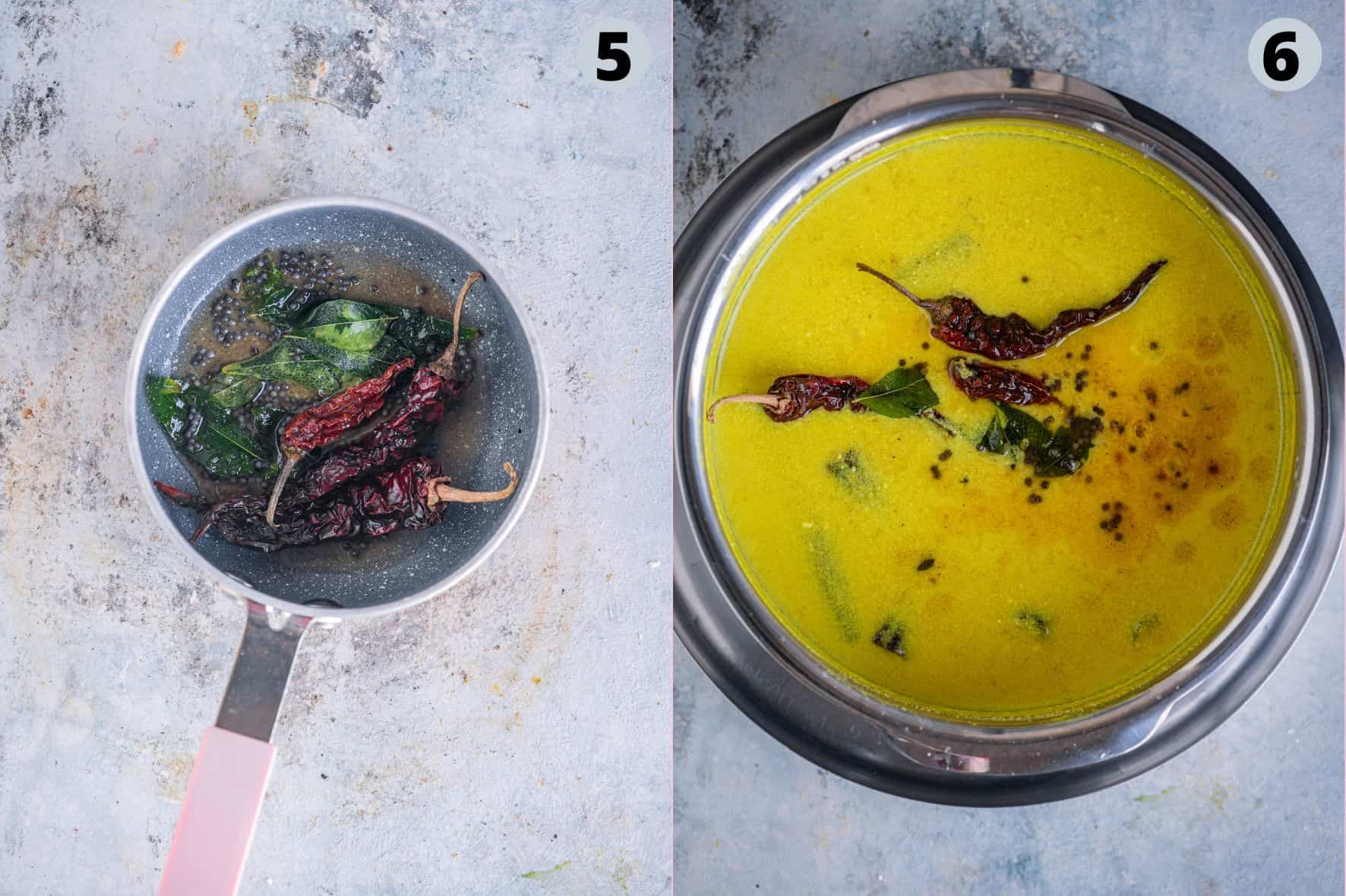 2 image collage showing the process of preparing a tadka for Mor Kuzhambu.