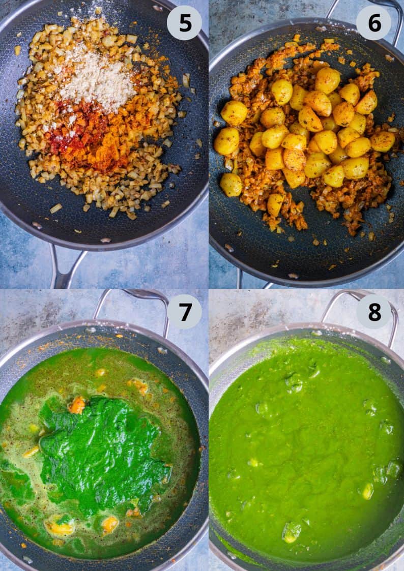 4 image collage showing the process of making Aloo palak recipe.