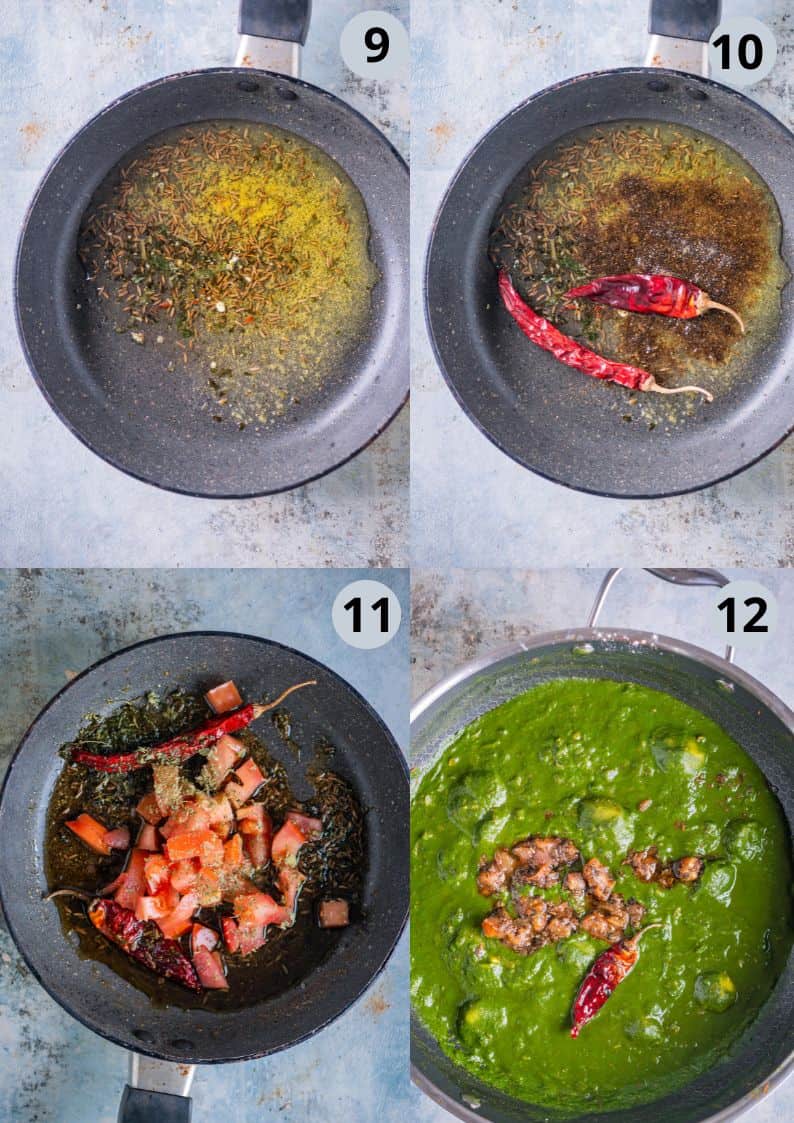 4 image collage showing how to prepare the tadka for Aloo Palak.