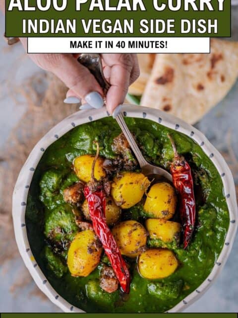 a hand digging into a bowl of Aloo Palak with a spoon and text at the top and bottom.