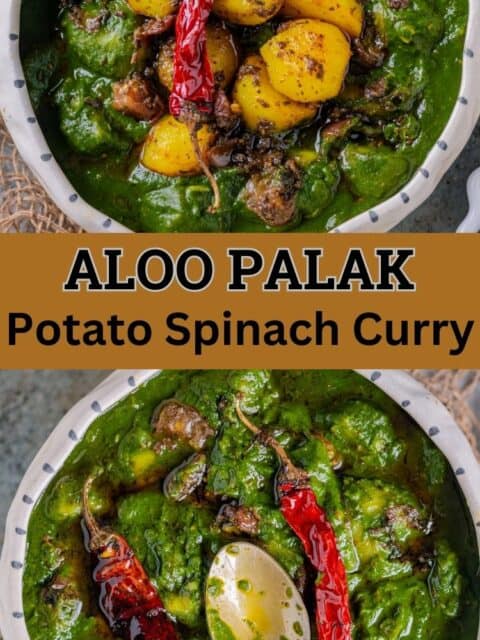 2 image collage of Aloo Palak with text in the middle.