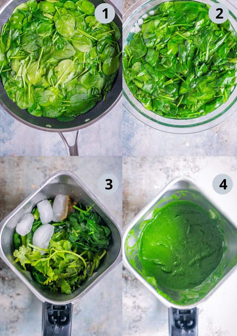 4 image collage showing the process of making creamy spinach sauce to make aloo palak sabzi.