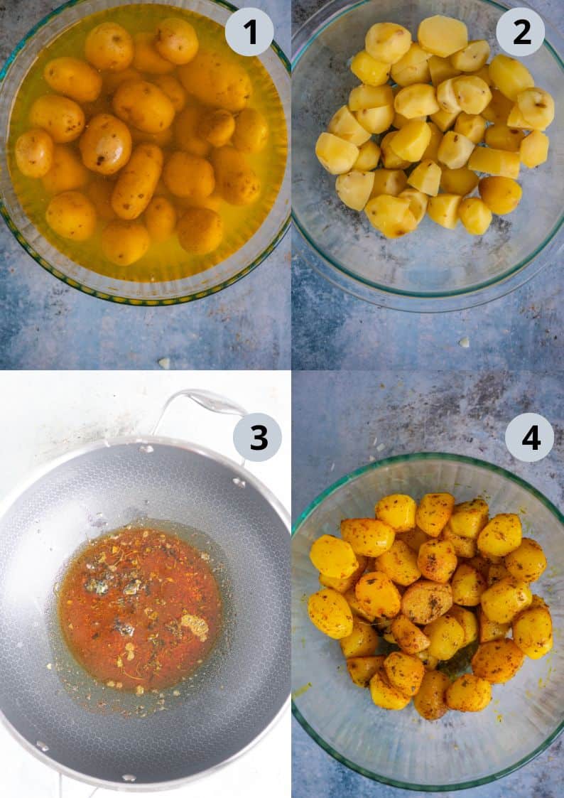 4 image collage showing the process of cooking the potatoes for Aloo Palak Curry.