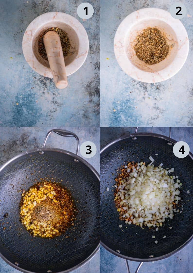 4 image collage showing the steps of making Aloo palak gravy at home.