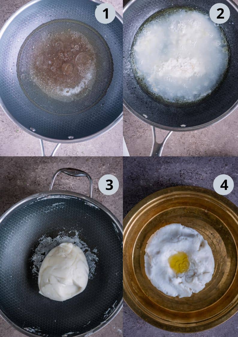 4 image collage showing how to make rice flour dough to make Kara Mani Kozhukattai.