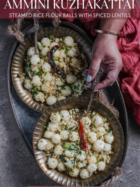 Ammini Kozhukattai served in a plate with a spoon in it and text at the top and bottom.