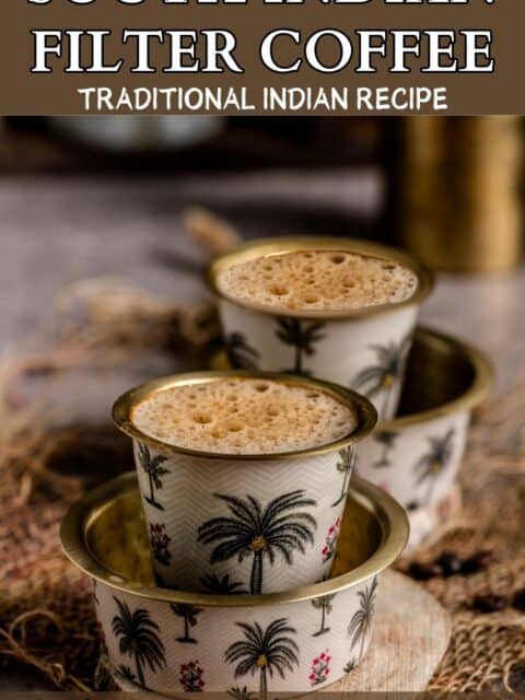 Madras Filter Coffee served in traditional tumbler set and text at the top and bottom.