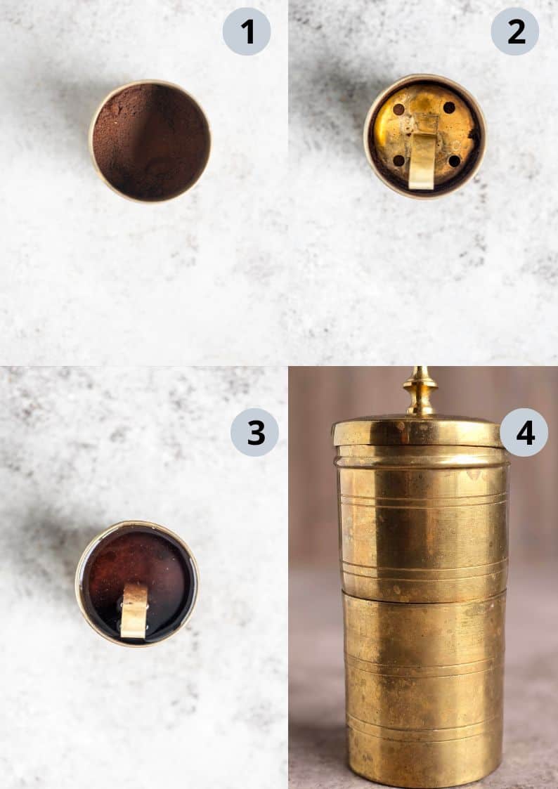 4 image collage showing the steps to make coffee decoction using the South Indian coffee filter at home.