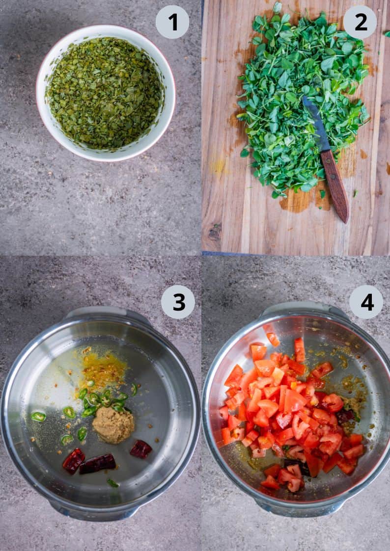 4 image collage showing how to make Methi Dal Tadka at home.