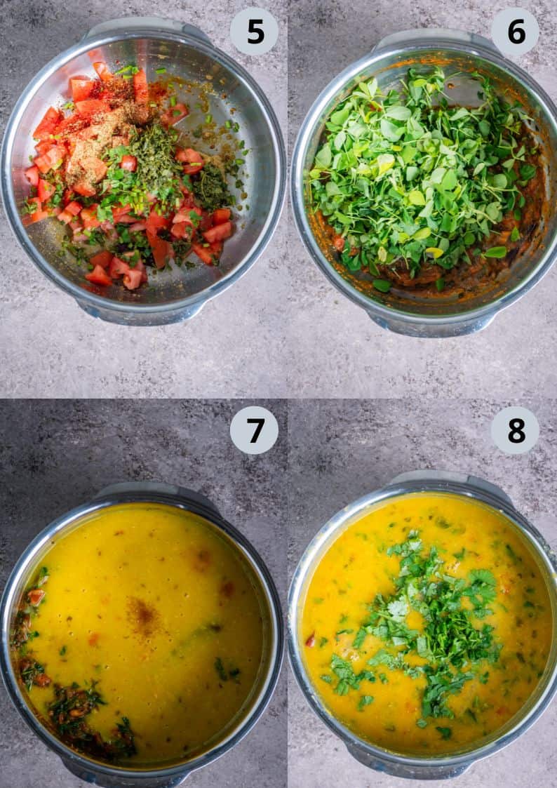 4 image collage showing the process of making Dal Methi with tadka.