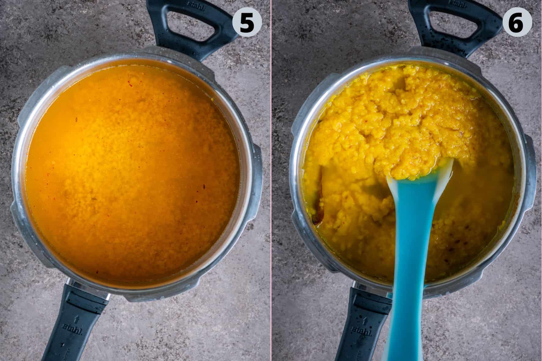 2 image collage showing how to cook the moong dal in the cooker to make Methi Dal at home.
