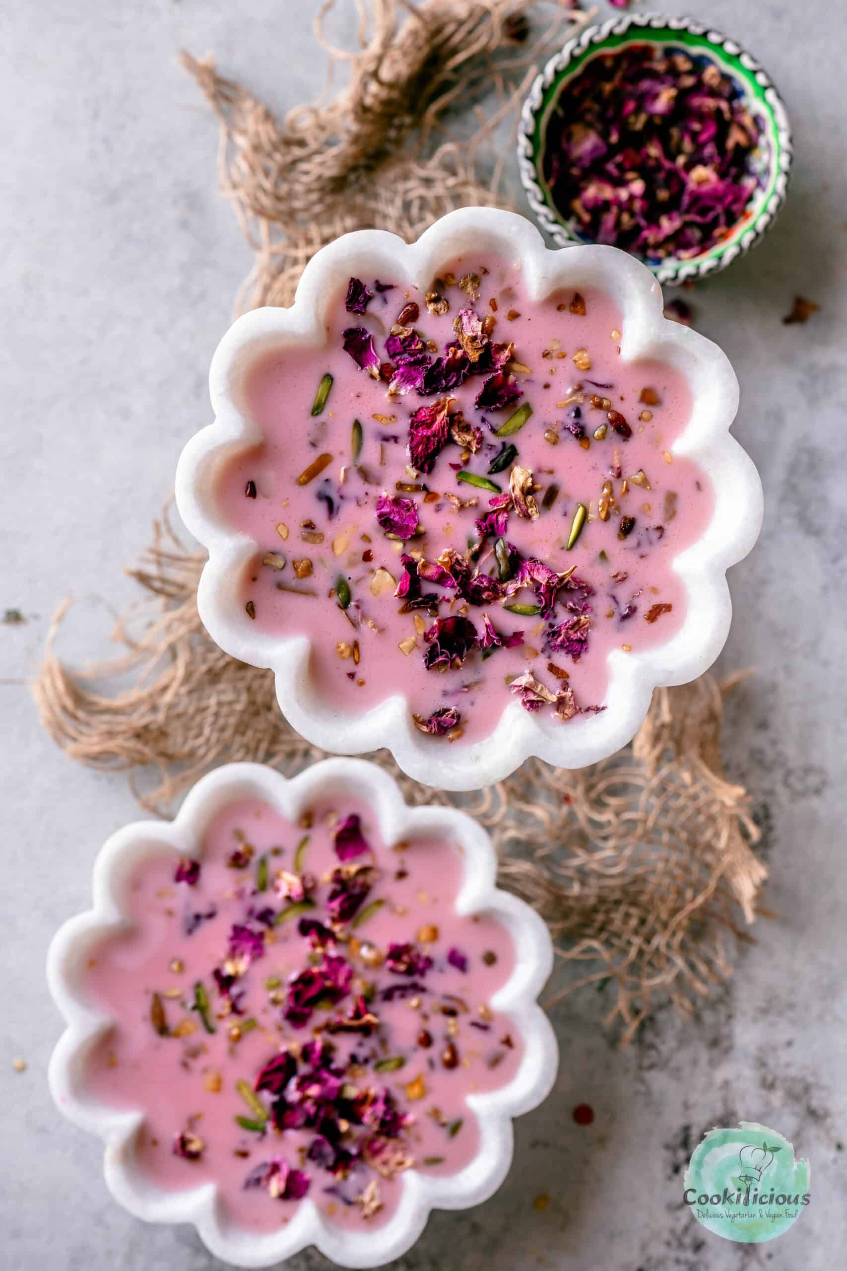 Rose-flavored Basundi served in two bowls.