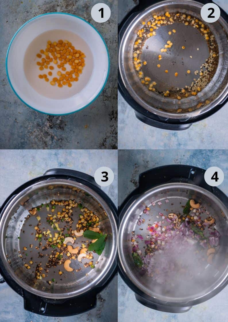 4 image collage showing how to make Masala Oats Upma in the Instant Pot.