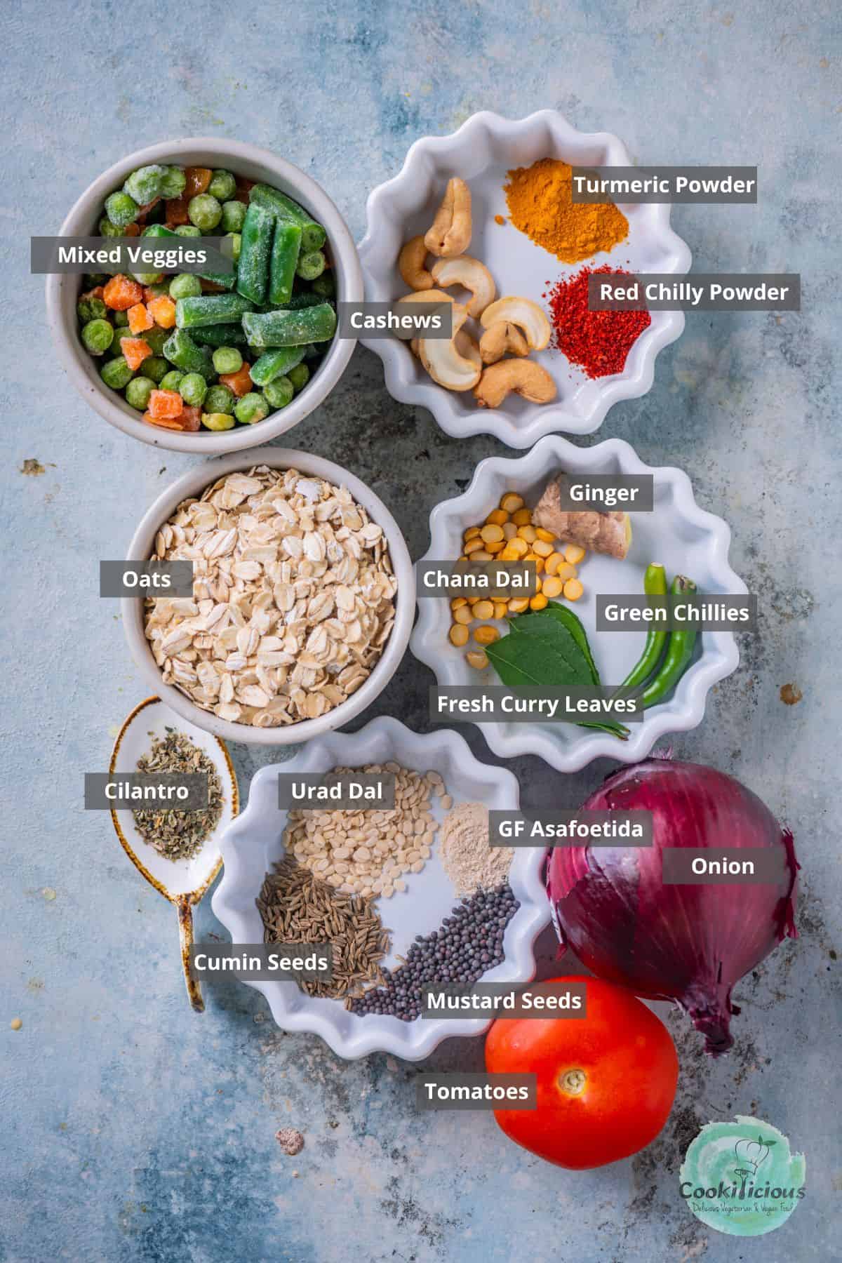 All the ingredients placed on a table with labels on them.