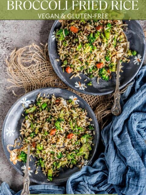 Fried Rice with Broccoli served in two plates and text at the top and bottom.