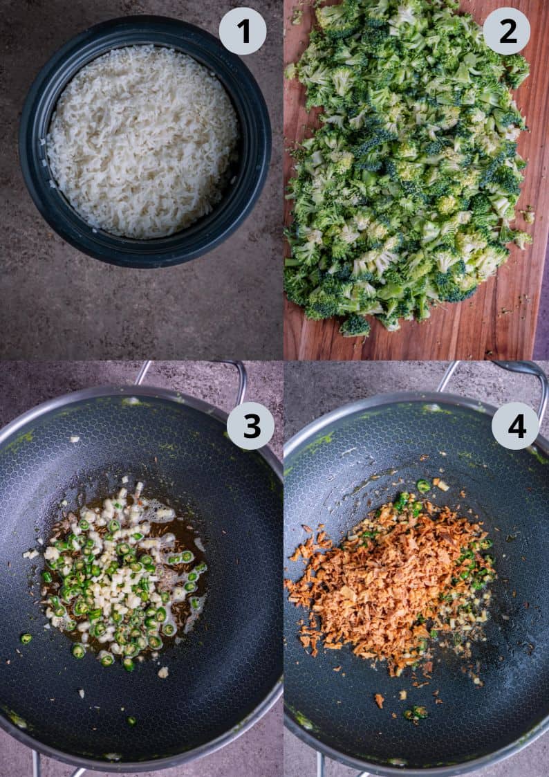 4 image collage showing the steps to make easy Broccili fried rice at home.
