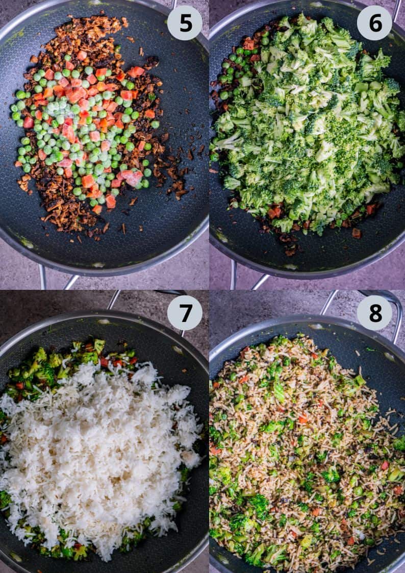 4 image collage showing the process of making vegan broccoli fried rice with basic ingredients.