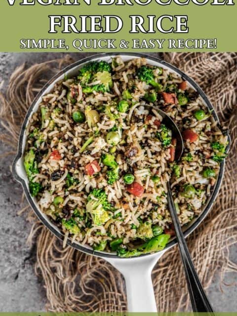 Broccoli fried rice served in a platter with a spoon in it and text at the top and bottom.