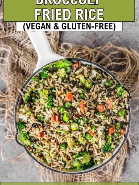 Broccoli and Rice stir-fry served in a platter with text at the top and bottom.
