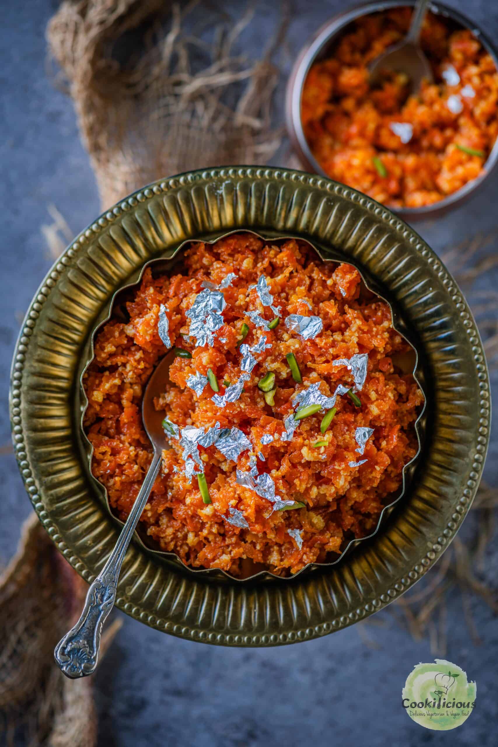 Microwave Gajar ka Halwa served in a decorative Indian bowl.