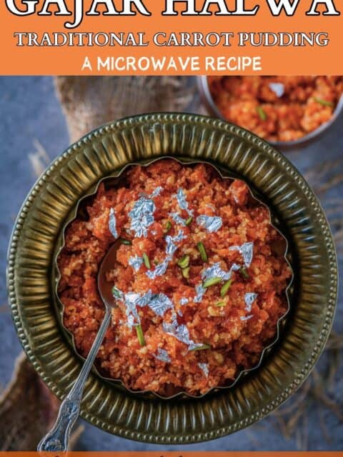 Delicious Carrot Halwa made in the microwave and served in a plate.