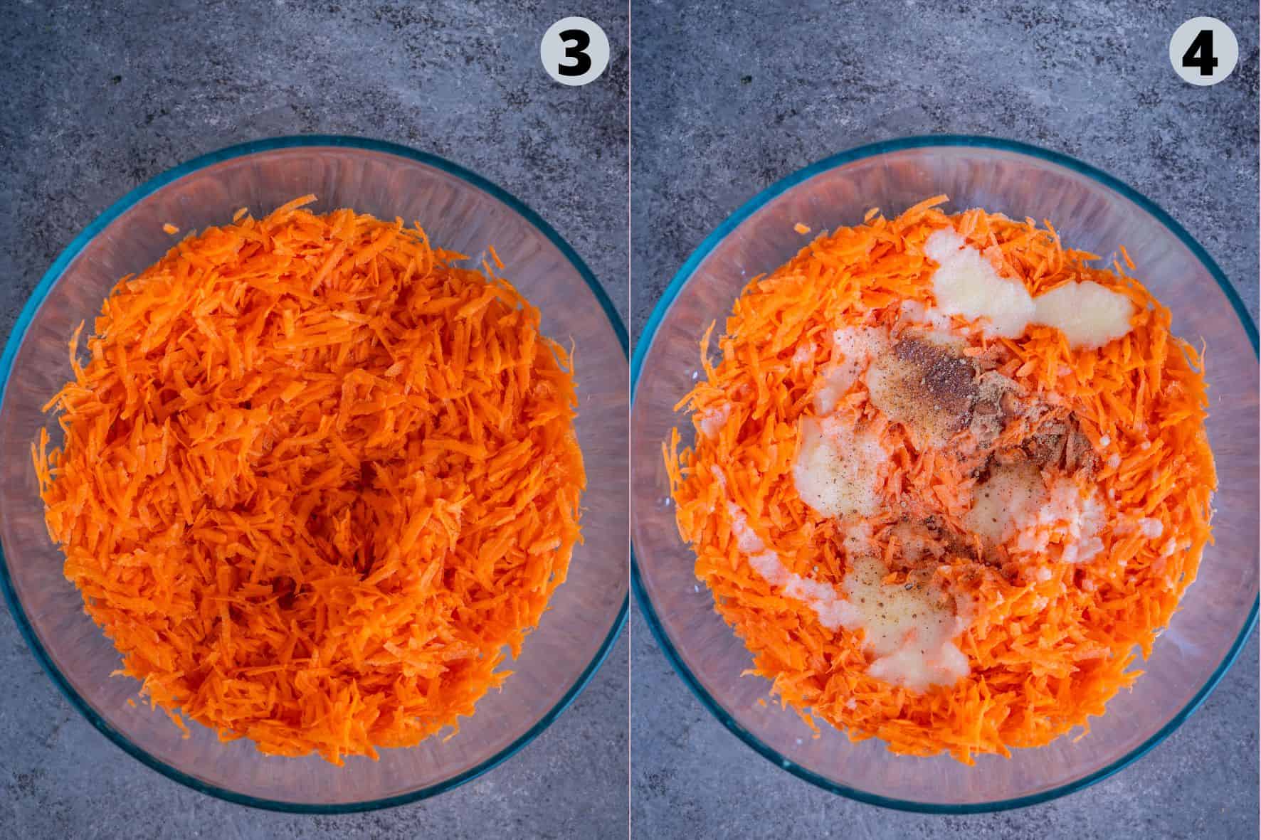 2 image collage displaying teh process of making rich and creamy carrot halwa.