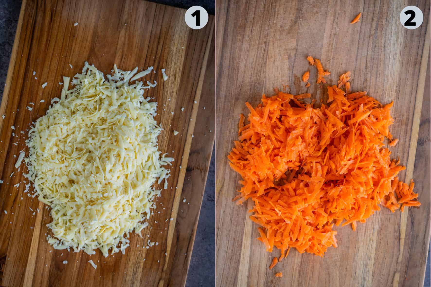 2 image collage showing the prep work for making carrot halwa at home.