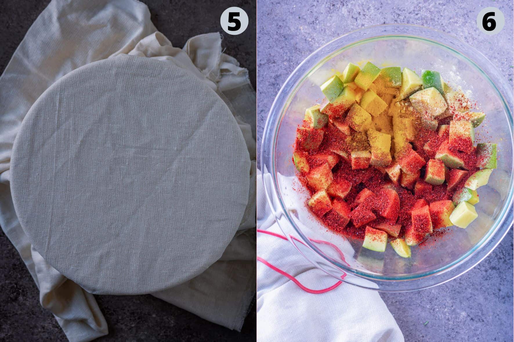 2 image collage showing how to make homemade mango pickle.