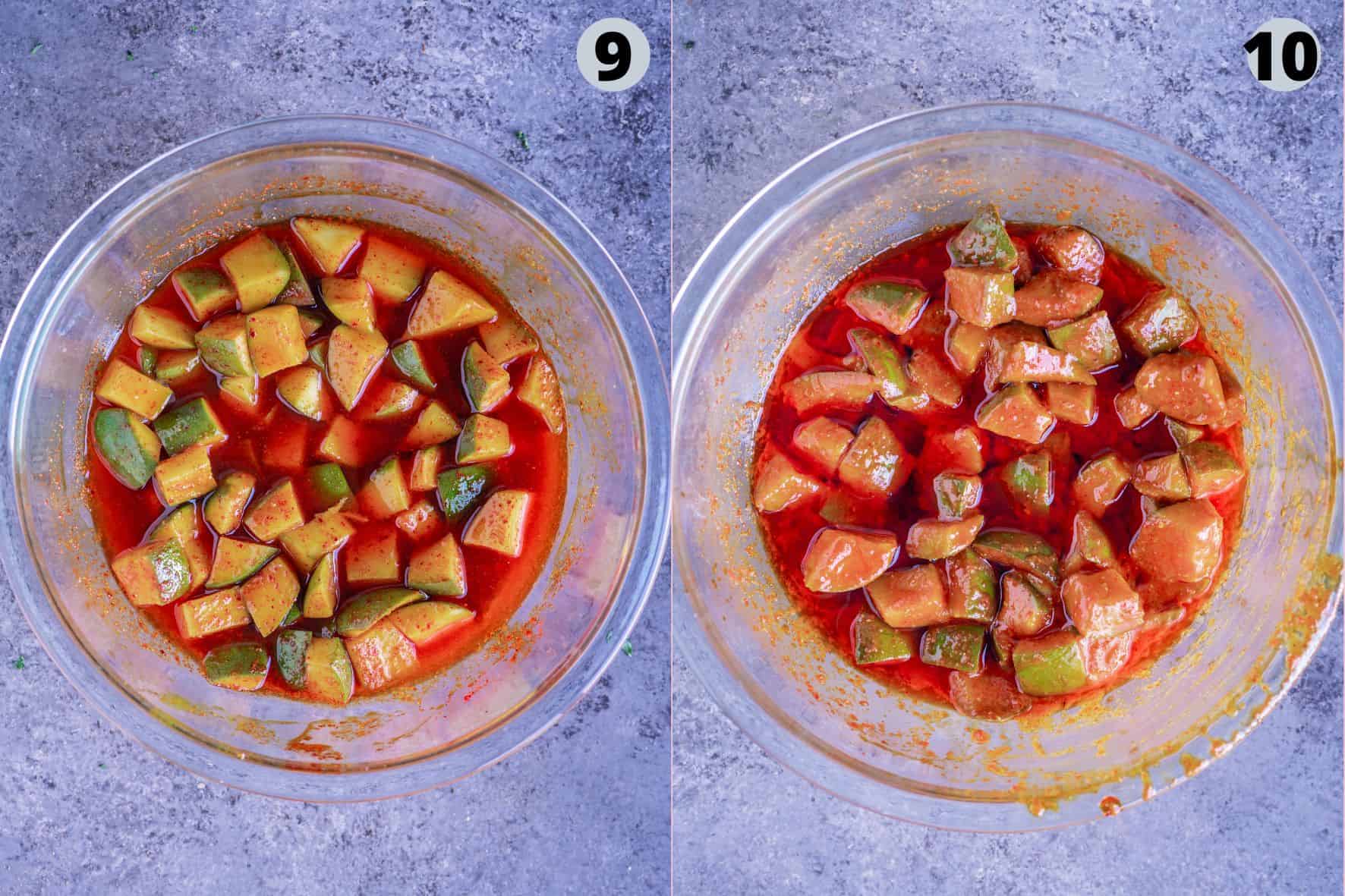 2 image collage showing how to make Indian mango pickle at home.