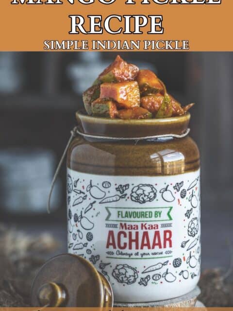 Spicy South Indian Manga Urugai with red chili powder and mustard seeds in a traditional Indian setup and text at the top and bottom.