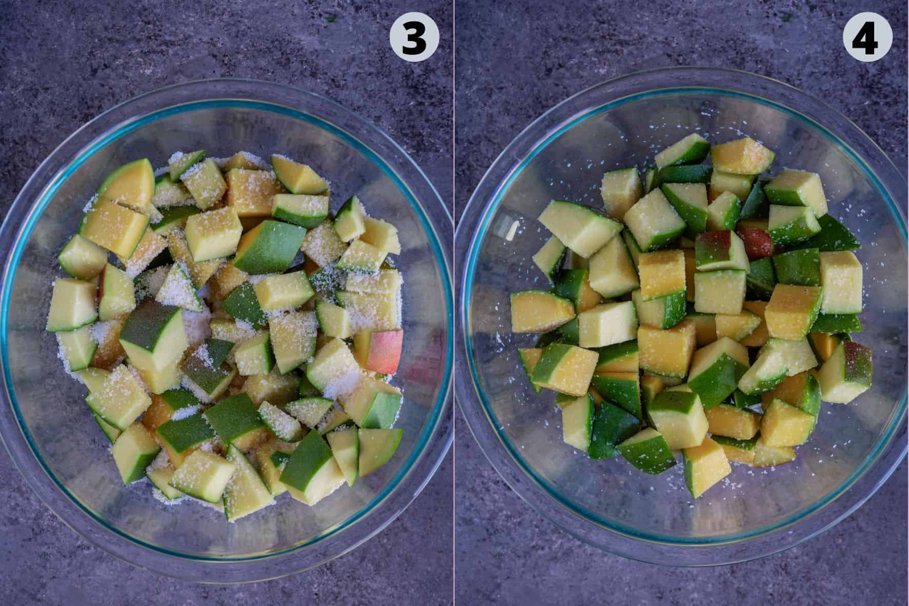 2 image collage showing the process of making Indian raw mango pickle recipe.