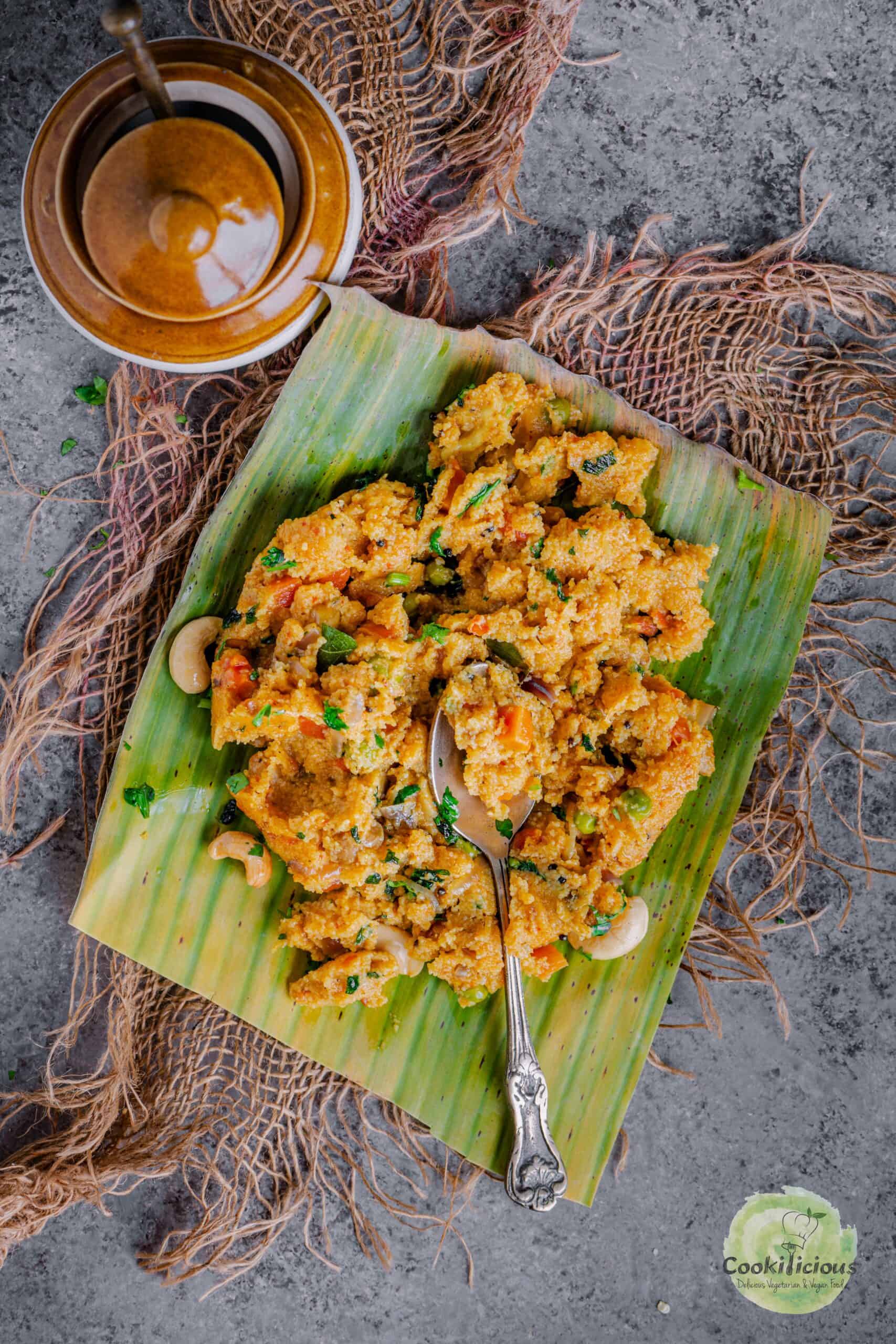 Tomato rava upma garnished with cilantro, a comforting Indian breakfast.