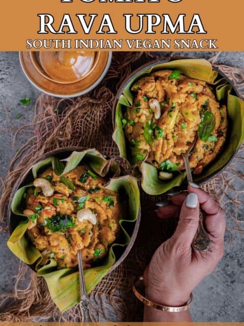 Tomato Rava Upma served in 2 bowls with text at the top and bottom.