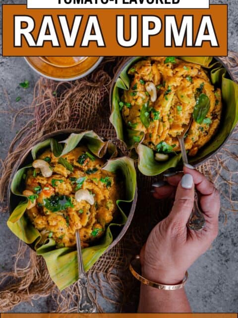 Easy tomato rava upma recipe made with sooji, tomatoes, and vegetables and text at the top and bottom.