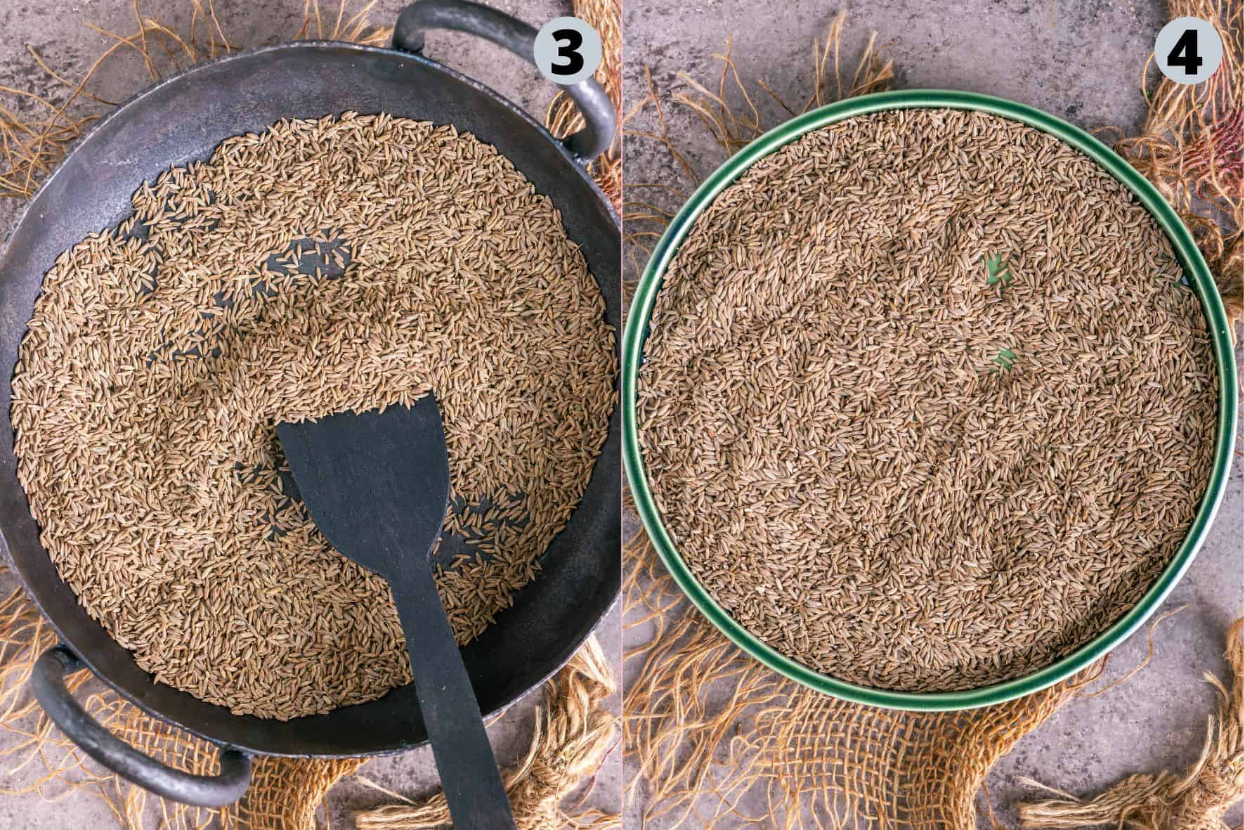 2 image collage showing the steps of making cumin powder at home by roasting and grinding them.
