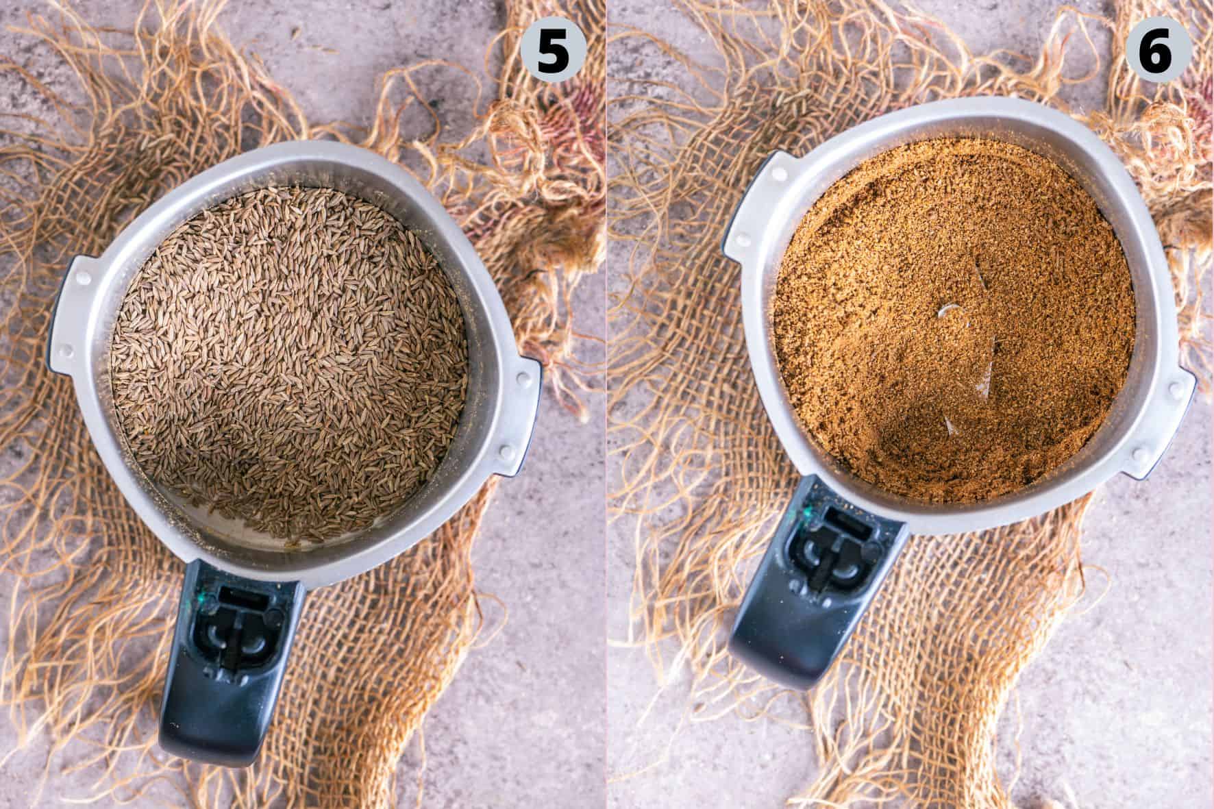2 image collage showing how to make ground cumin using a blender.